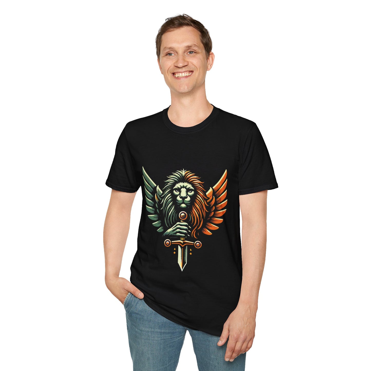 Artwork T-Shirt Unisex with Orange Black and Green Lion with Sword