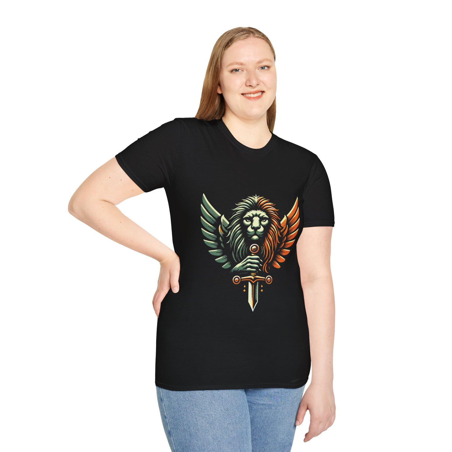 Artwork T-Shirt Unisex with Orange Black and Green Lion with Sword