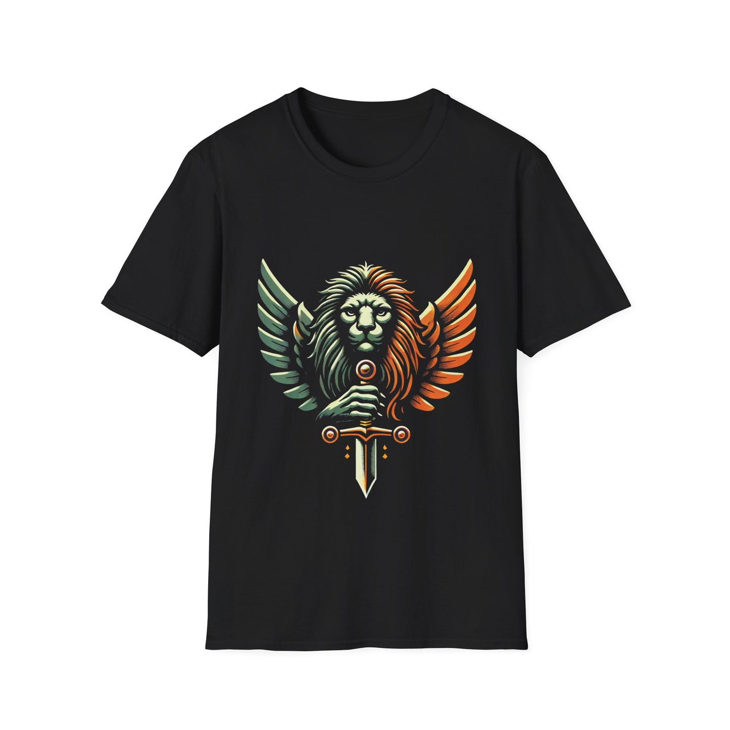 Artwork T-Shirt Unisex with Orange Black and Green Lion with Sword