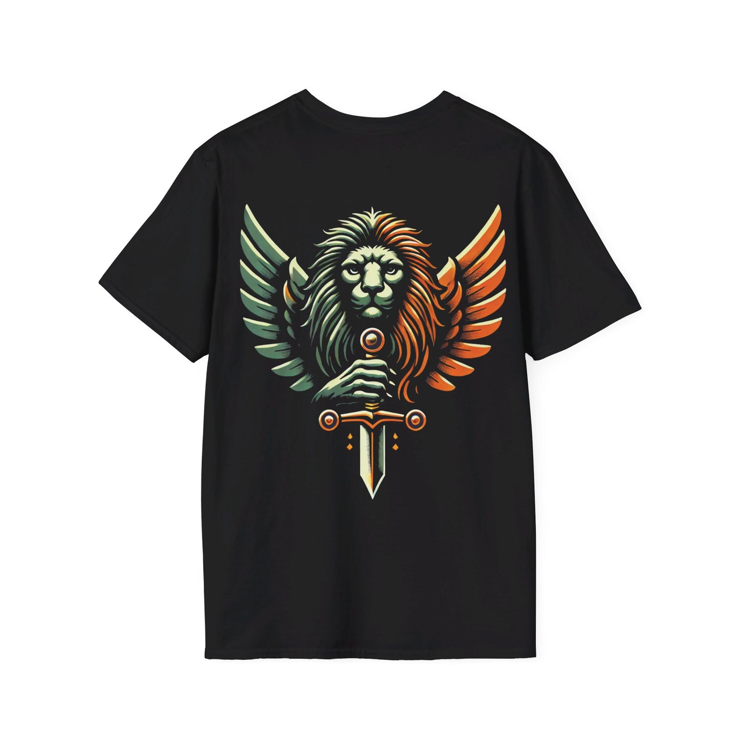 Back T-Shirt Unisex with Orange Black and Green Lion with Sword