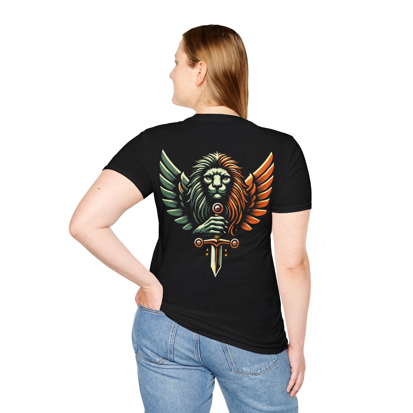 Back T-Shirt Unisex with Orange Black and Green Lion with Sword